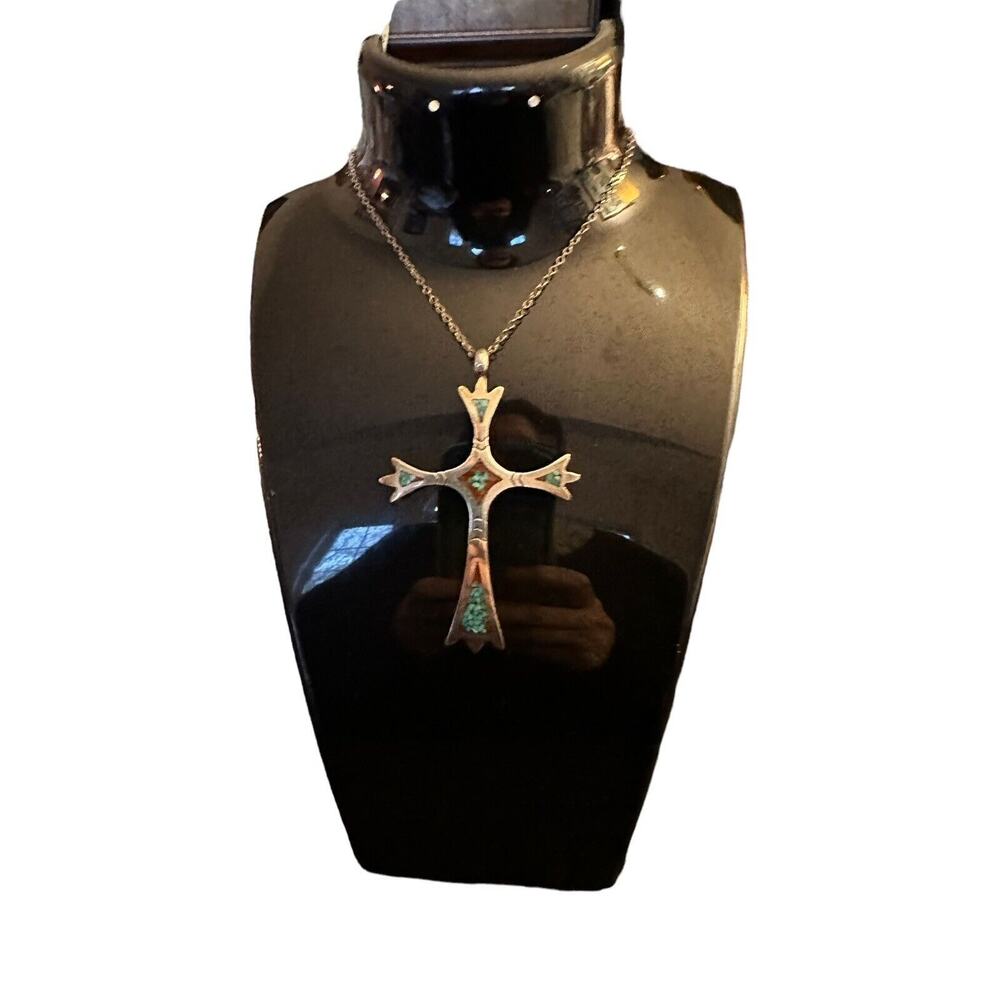 Sterling Native American Cross With Inlaid Red Coral And Turquoise Silver Chain - Picture 3 of 16